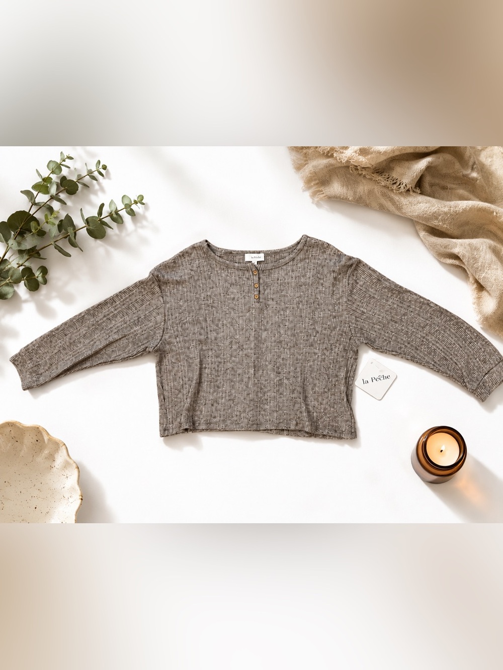 La Peche Taupe Waffle Knit Henley Top NWT Medium